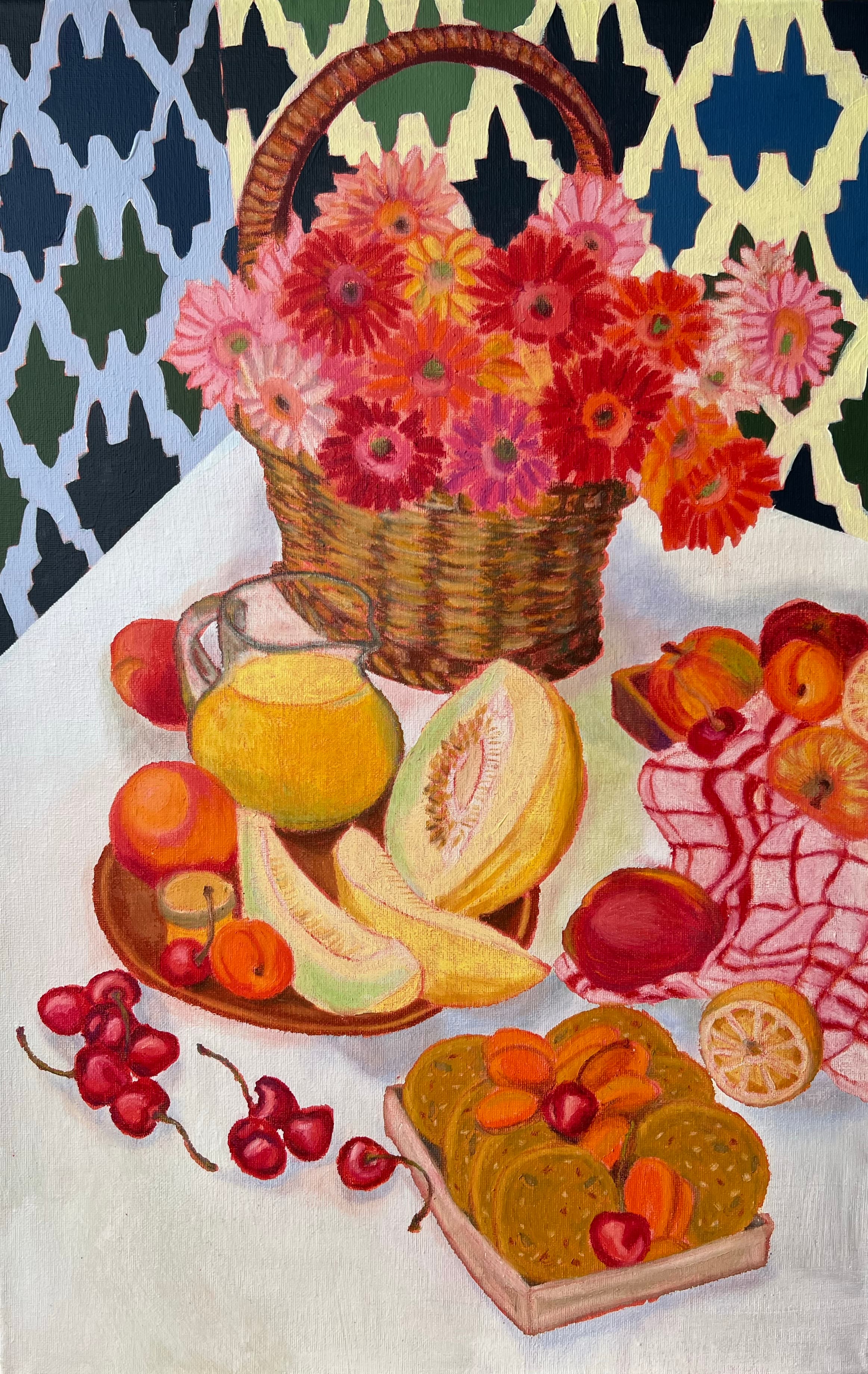 Flowers, cherries and fruit arranged in a patterned still life