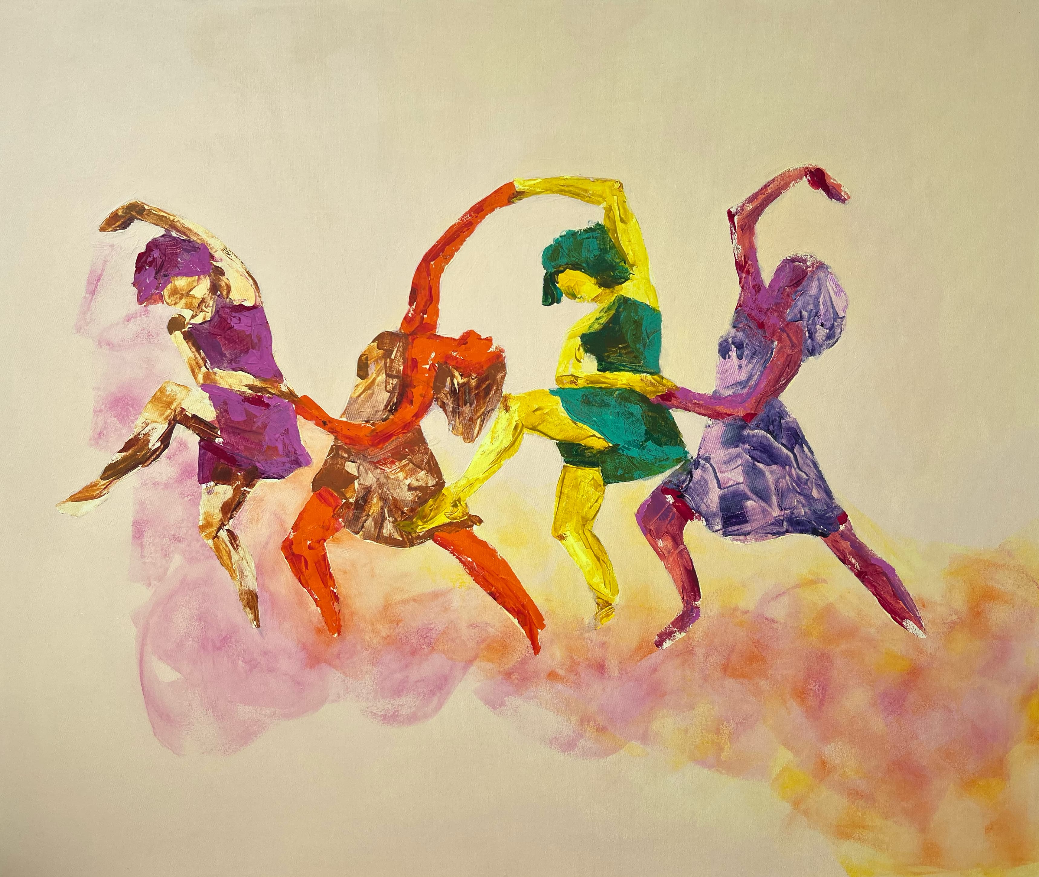 Colourful figures dancing across a light background