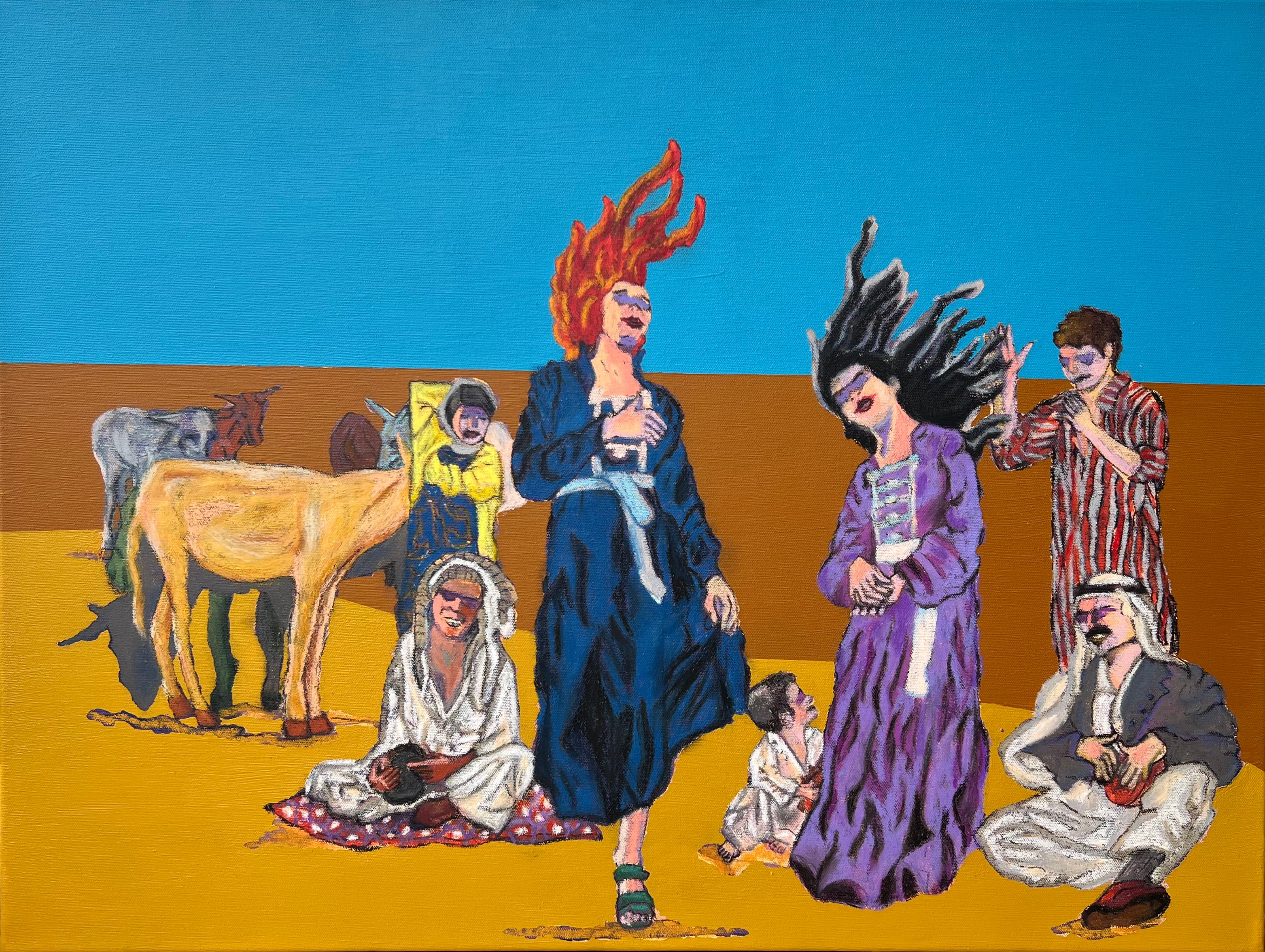Colourful figures dancing in a desert landscape