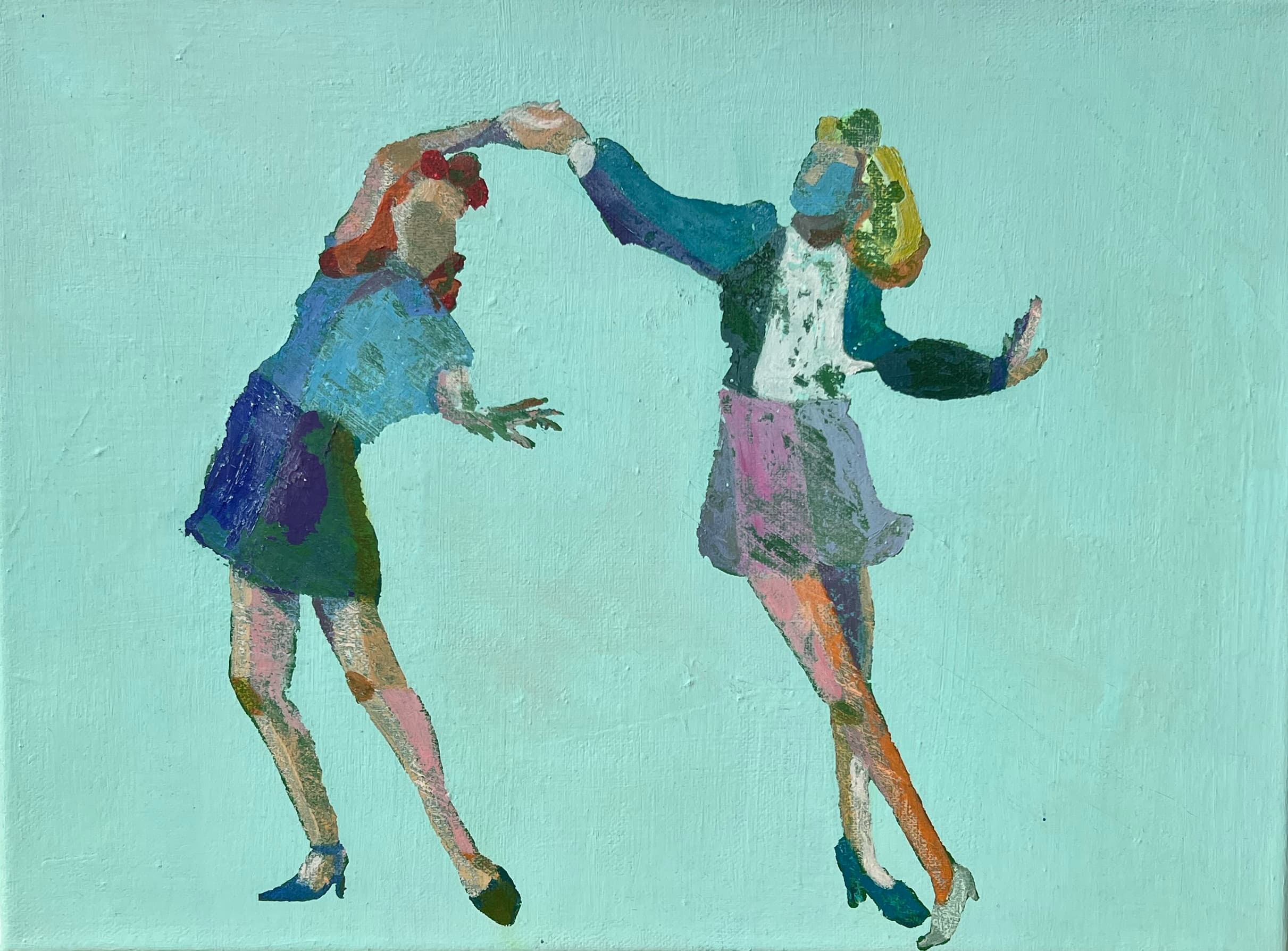 Two figures dancing on a turquoise background