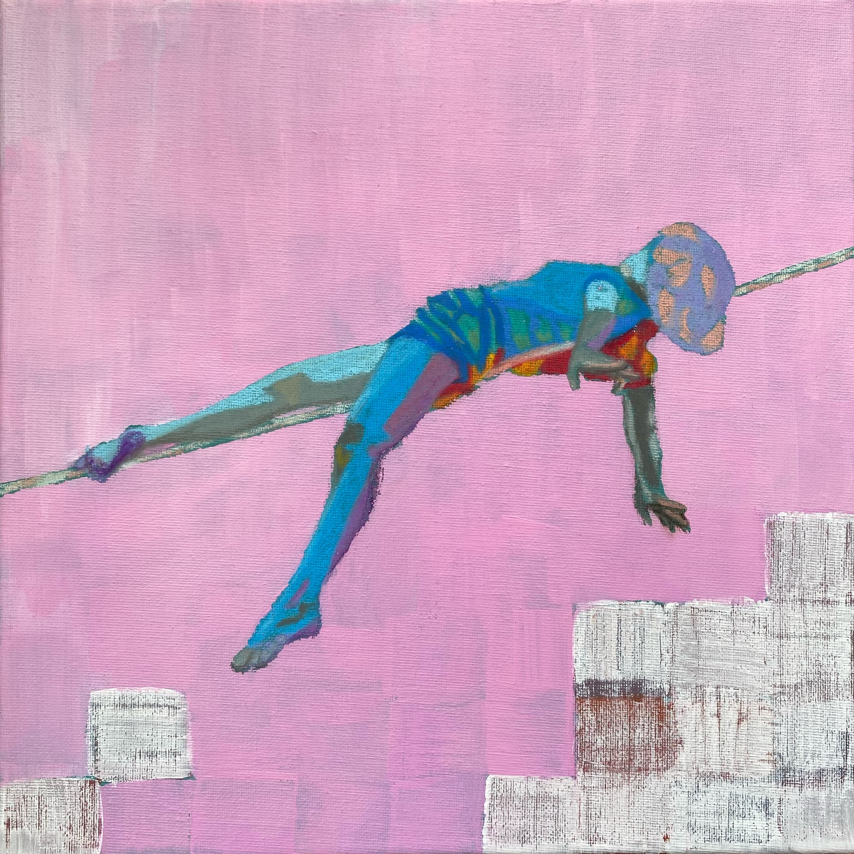 A figure balanced across a rope against a pink sky
