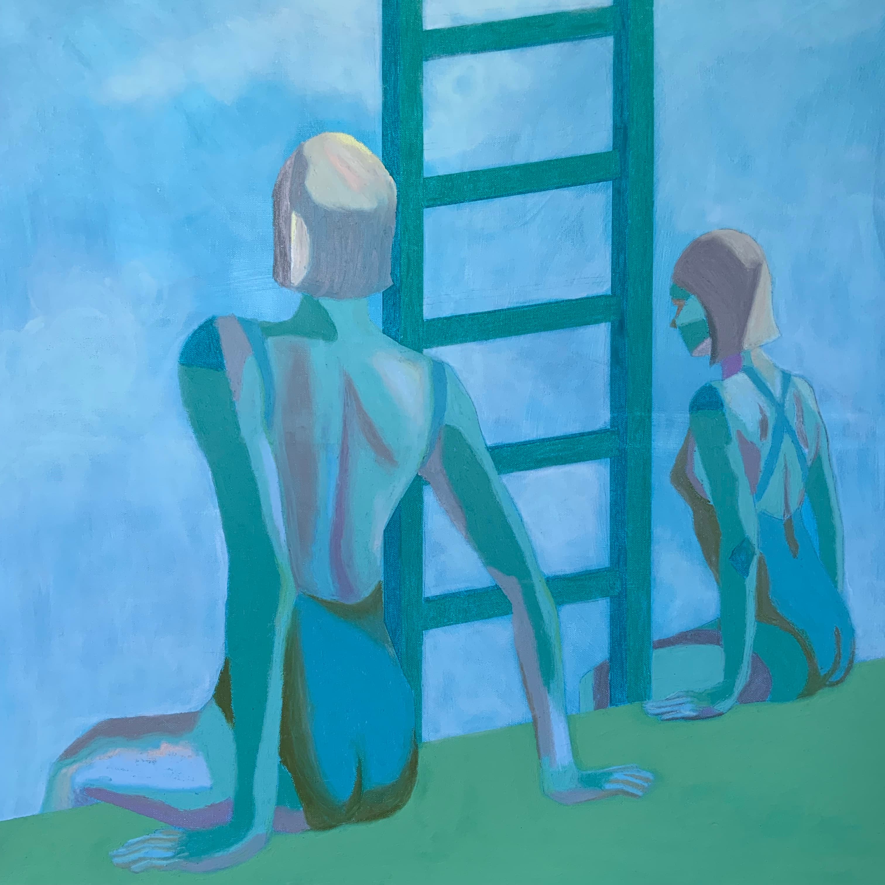 Two blue and green figures sitting beside a ladder