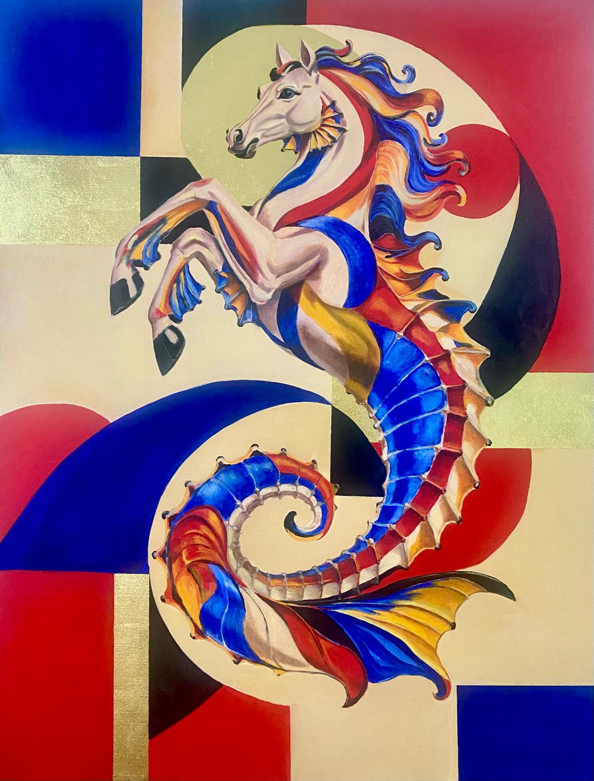 A mythic horse and seahorse in red, blue and gold