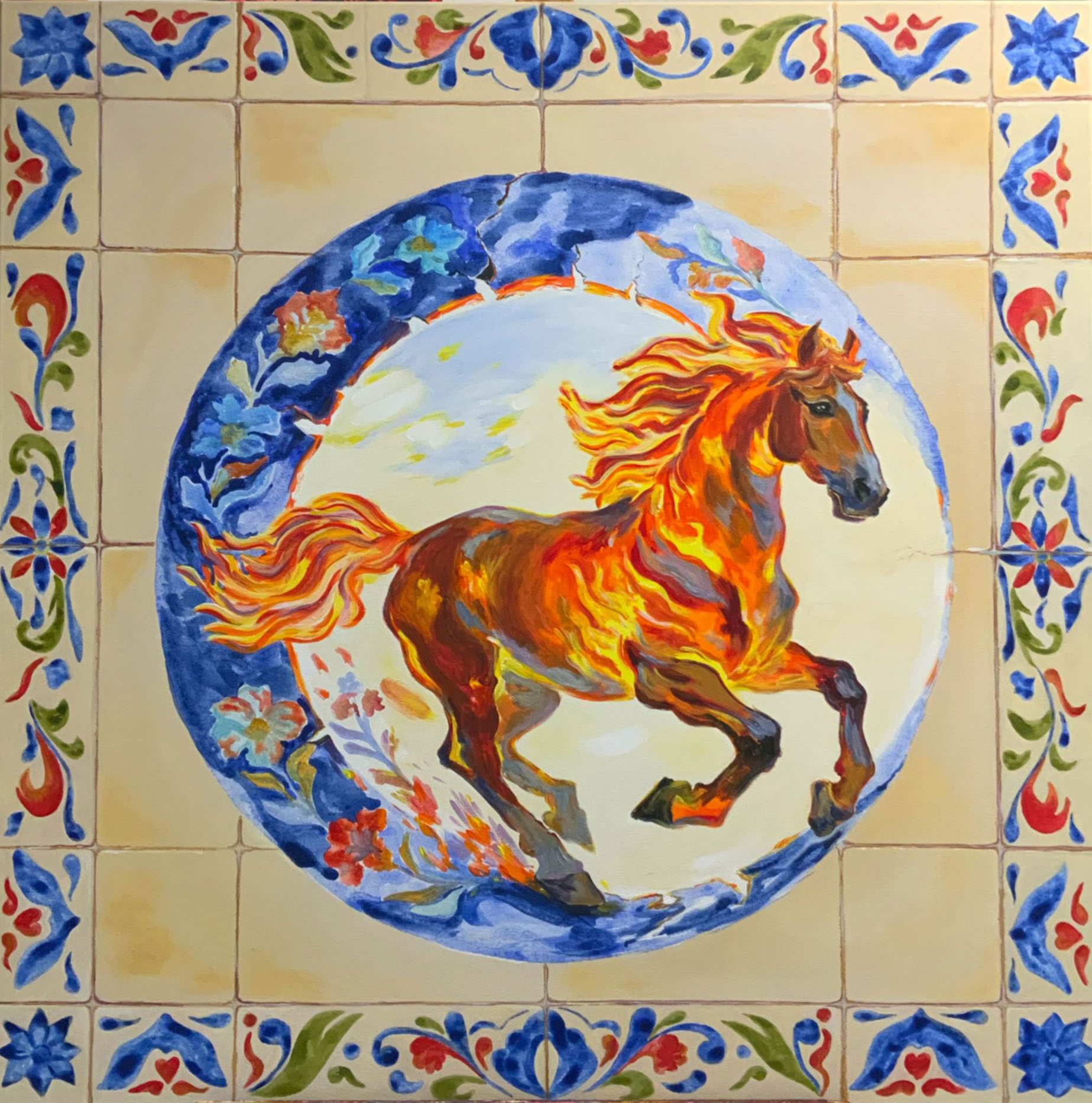 A running horse encircled by a patterned tile border
