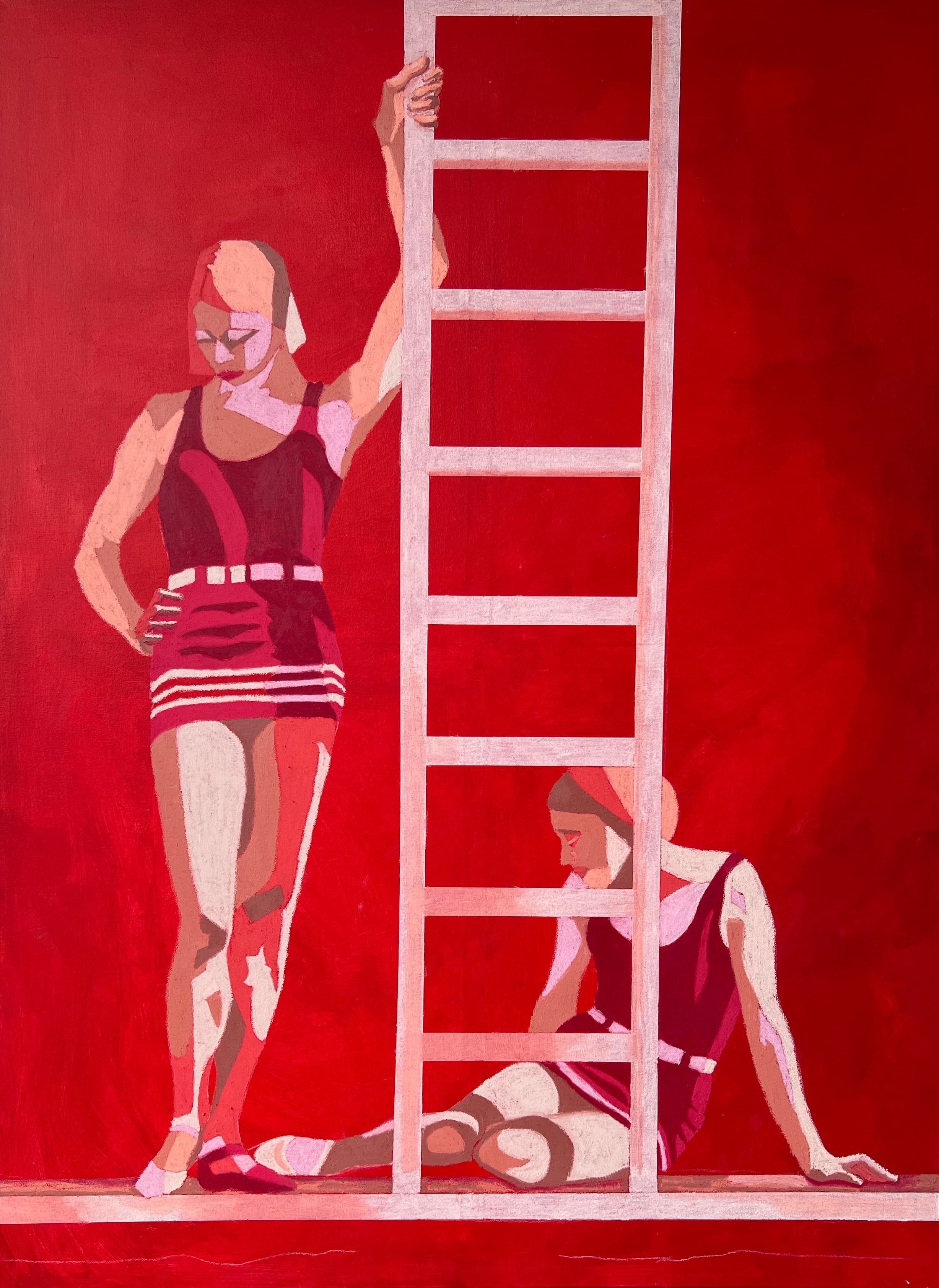 A woman and a ladder against a vivid red field