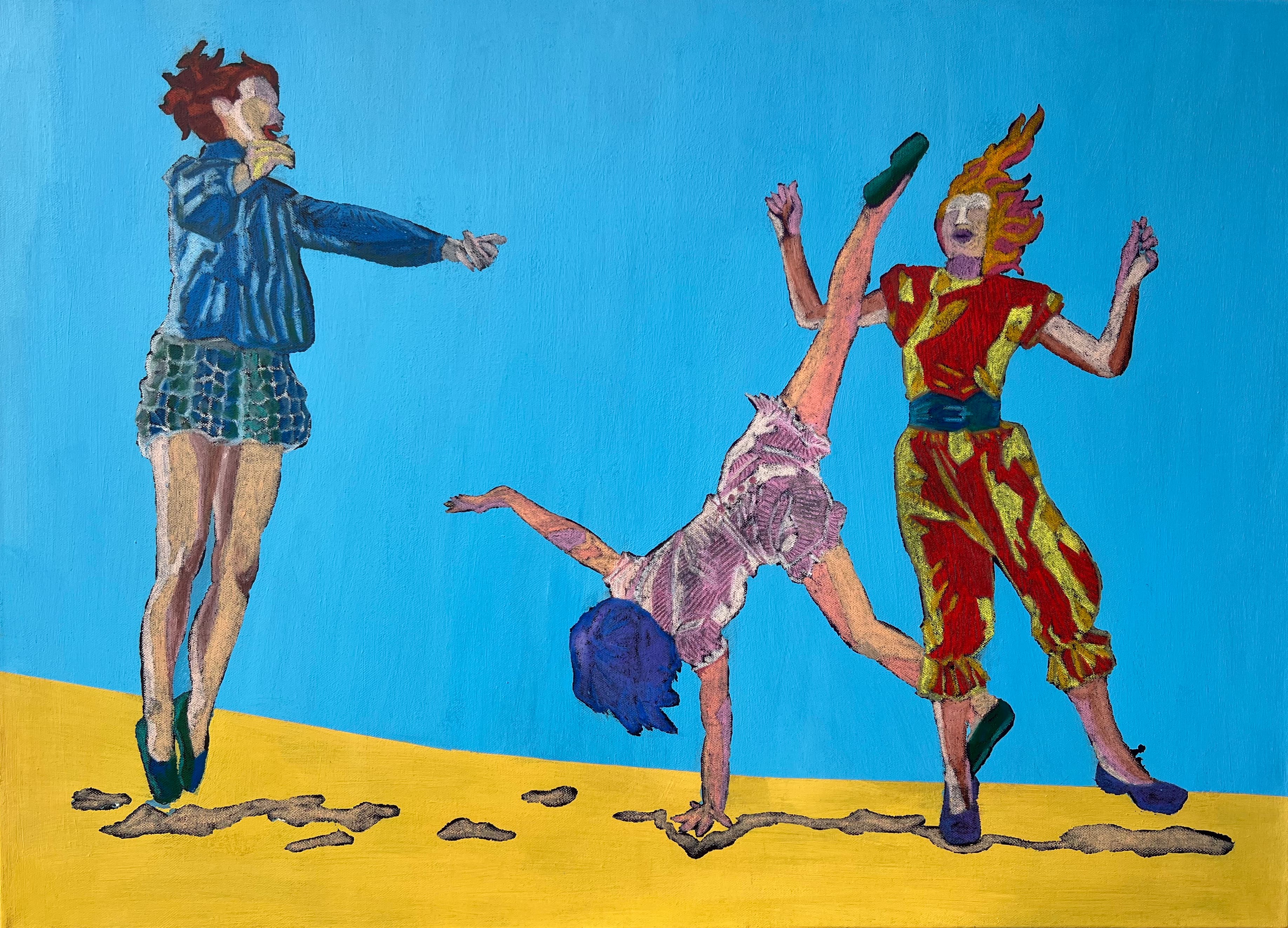 Three figures jumping and dancing against a blue sky