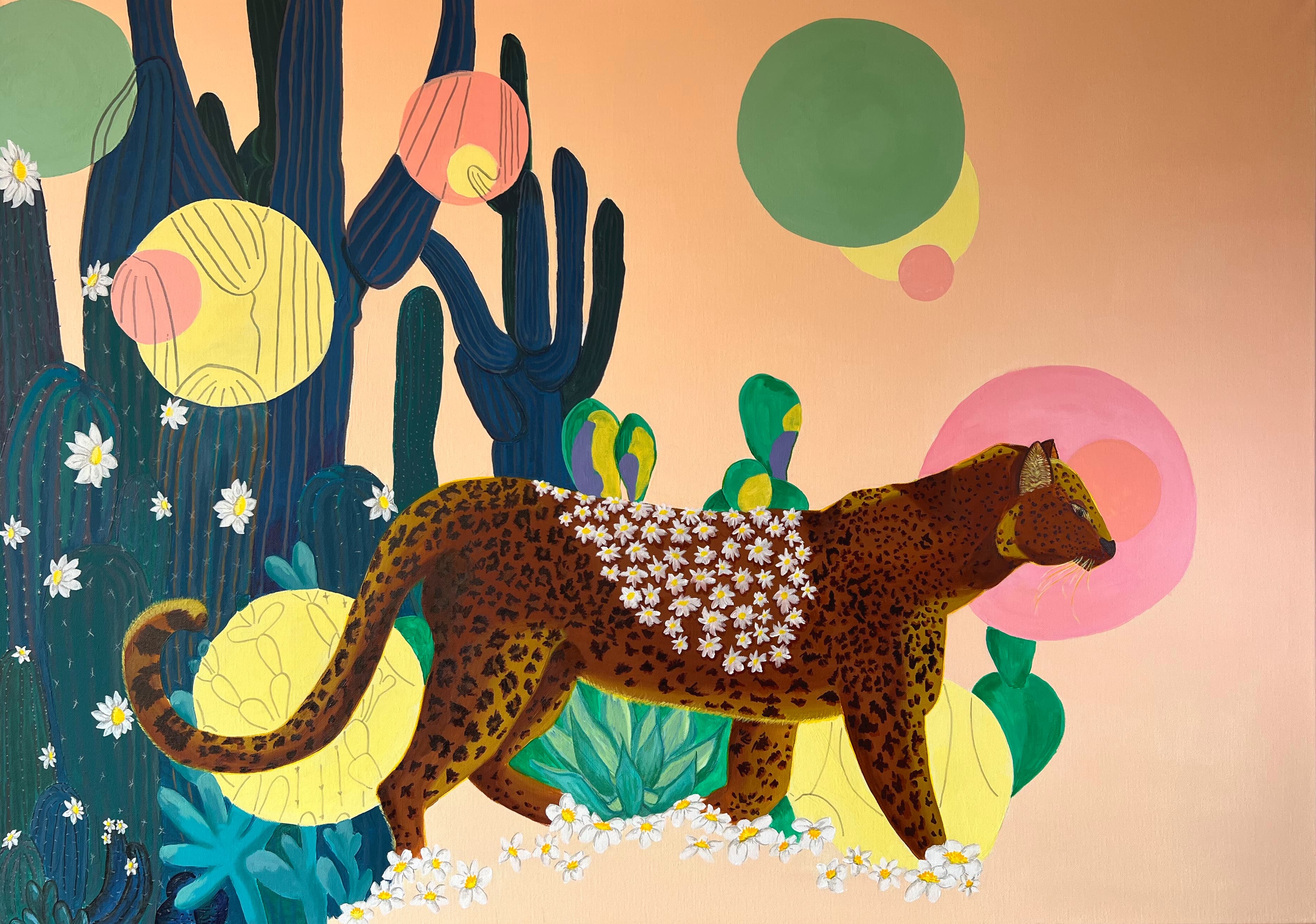 A leopard walking through a vivid imagined landscape