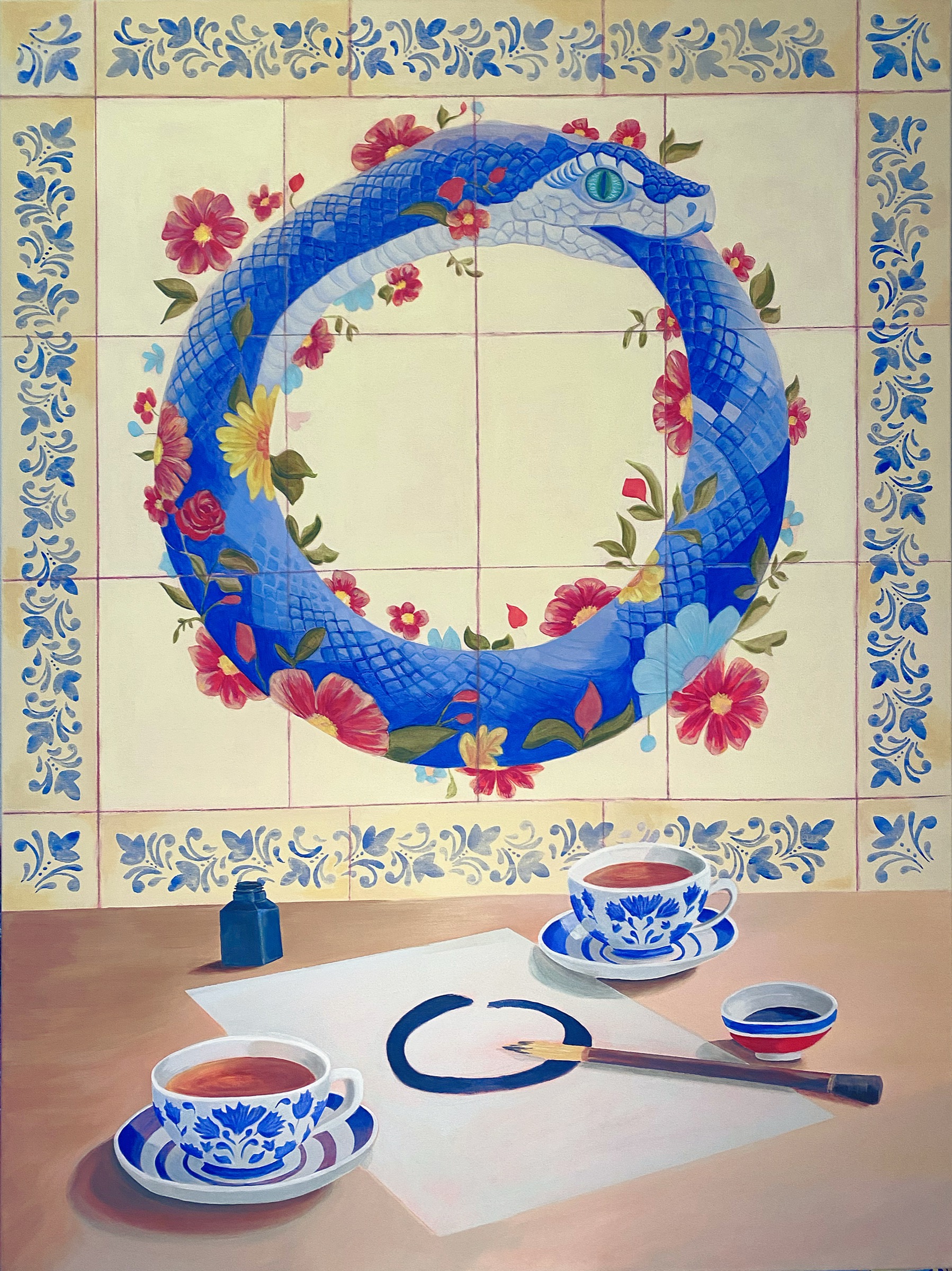 A blue serpent biting its tail in a ring of flowers above a table with tea cups and an ink circle