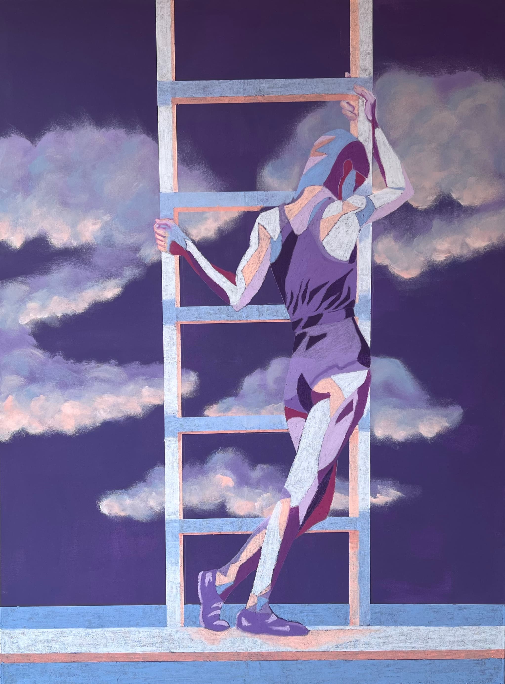 A figure climbing a ladder through purple clouds